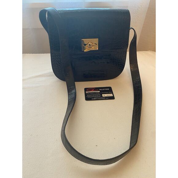 Genny Leather Shoulder Bag Black Croc Embossed Made in Italy Gold Hardware-Card - Picture 1 of 16